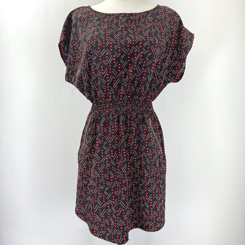 One Clothing Geometric Print Mini Dress Black Red Smocked Waist Zipper Pockets M